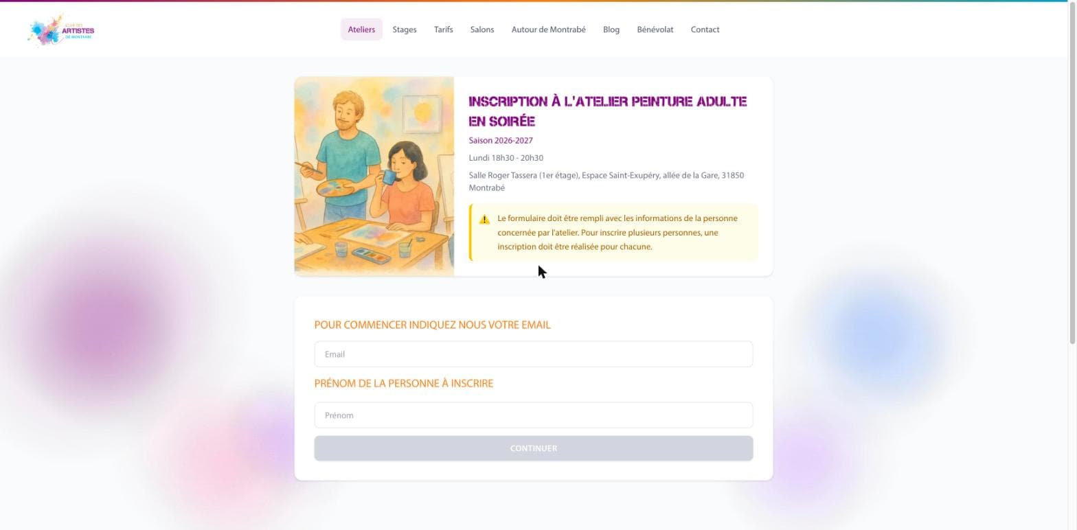 Page d'inscription en ligne a l'atelier peinture adulte, avec le creneau, la salle et le debut du formulaire