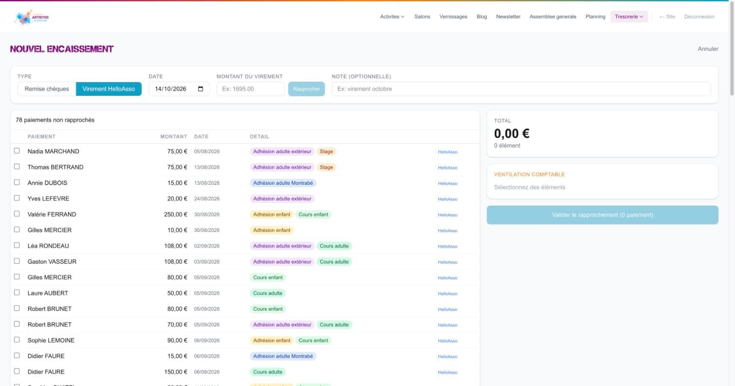Ecran de rapprochement des paiements HelloAsso non encore pointes avec le releve bancaire
