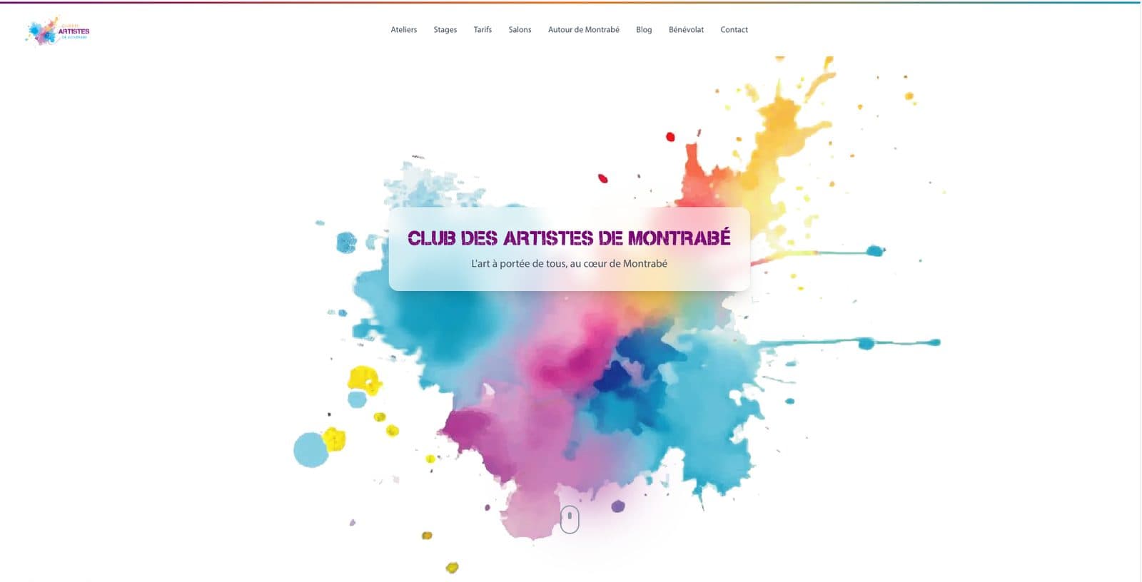 Page d'accueil du site du Club des Artistes de Montrabe, avec son visuel aquarelle et le menu des ateliers, stages, tarifs et salons