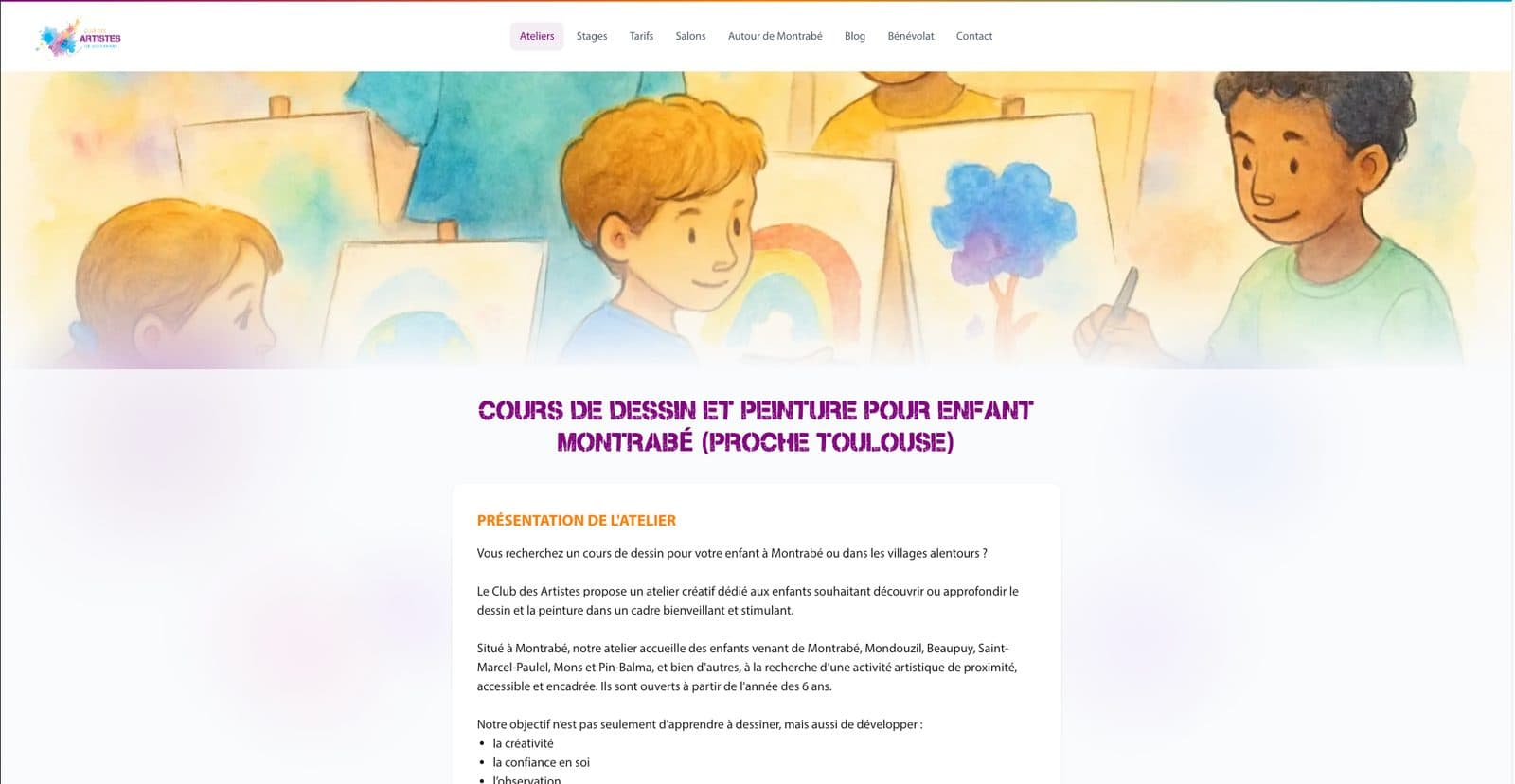 Page de l'atelier de dessin et peinture pour enfant, intitulee « Cours de dessin et peinture pour enfant Montrabe (proche Toulouse) »