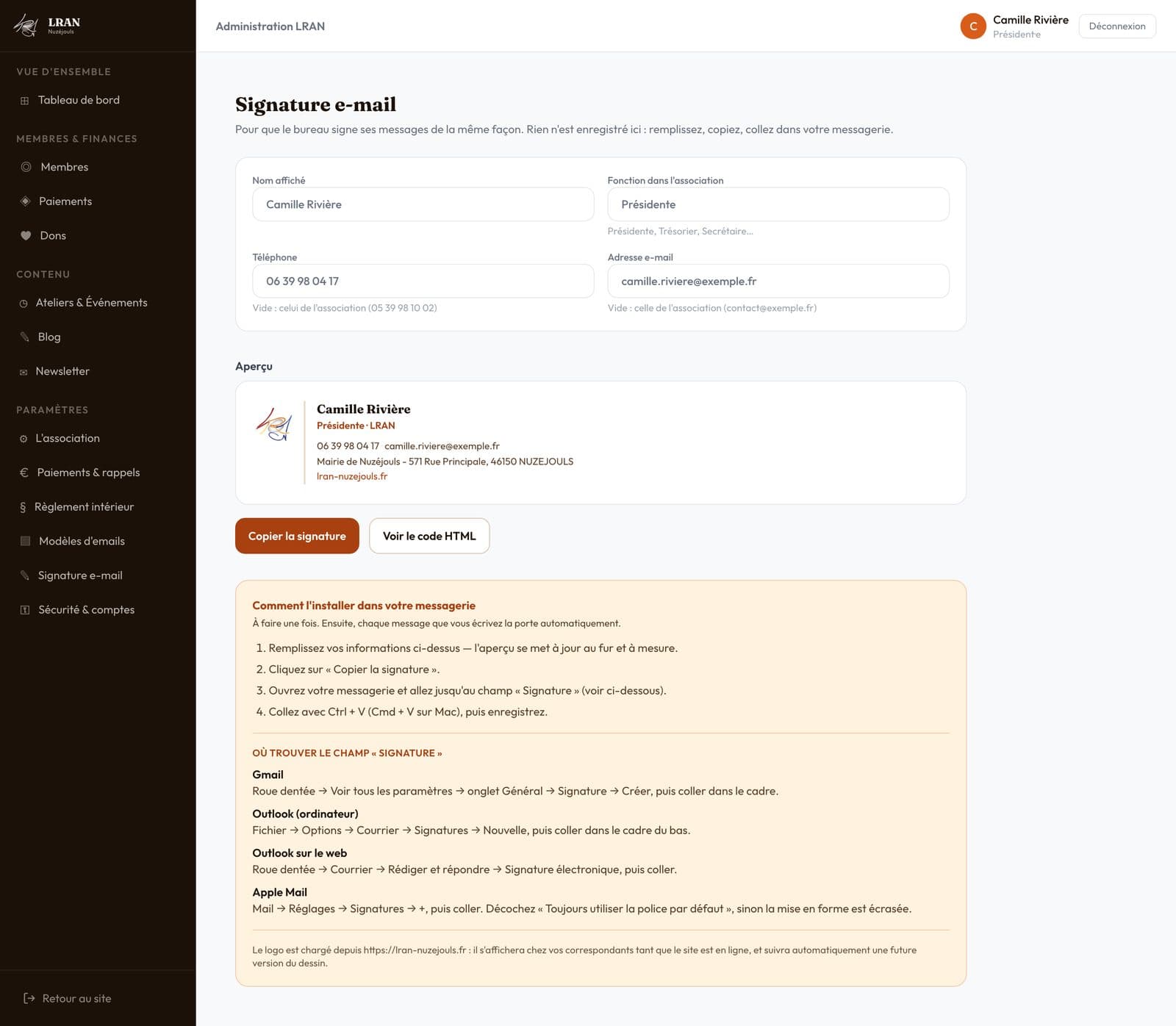 Generateur de signature e-mail du bureau, avec apercu en direct et marche a suivre pour Gmail, Outlook et Apple Mail