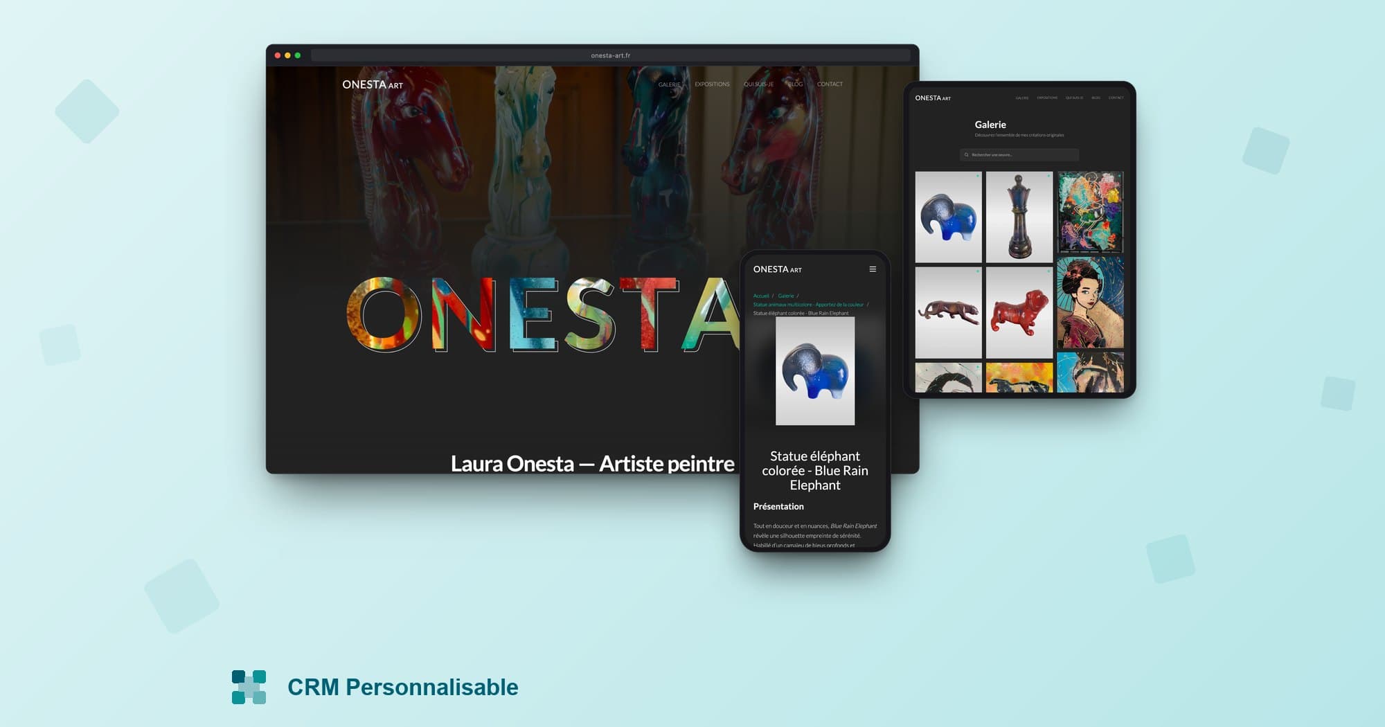 Le site Onesta Art sur ordinateur, tablette et téléphone : la page d'accueil, la galerie des œuvres et une fiche de sculpture