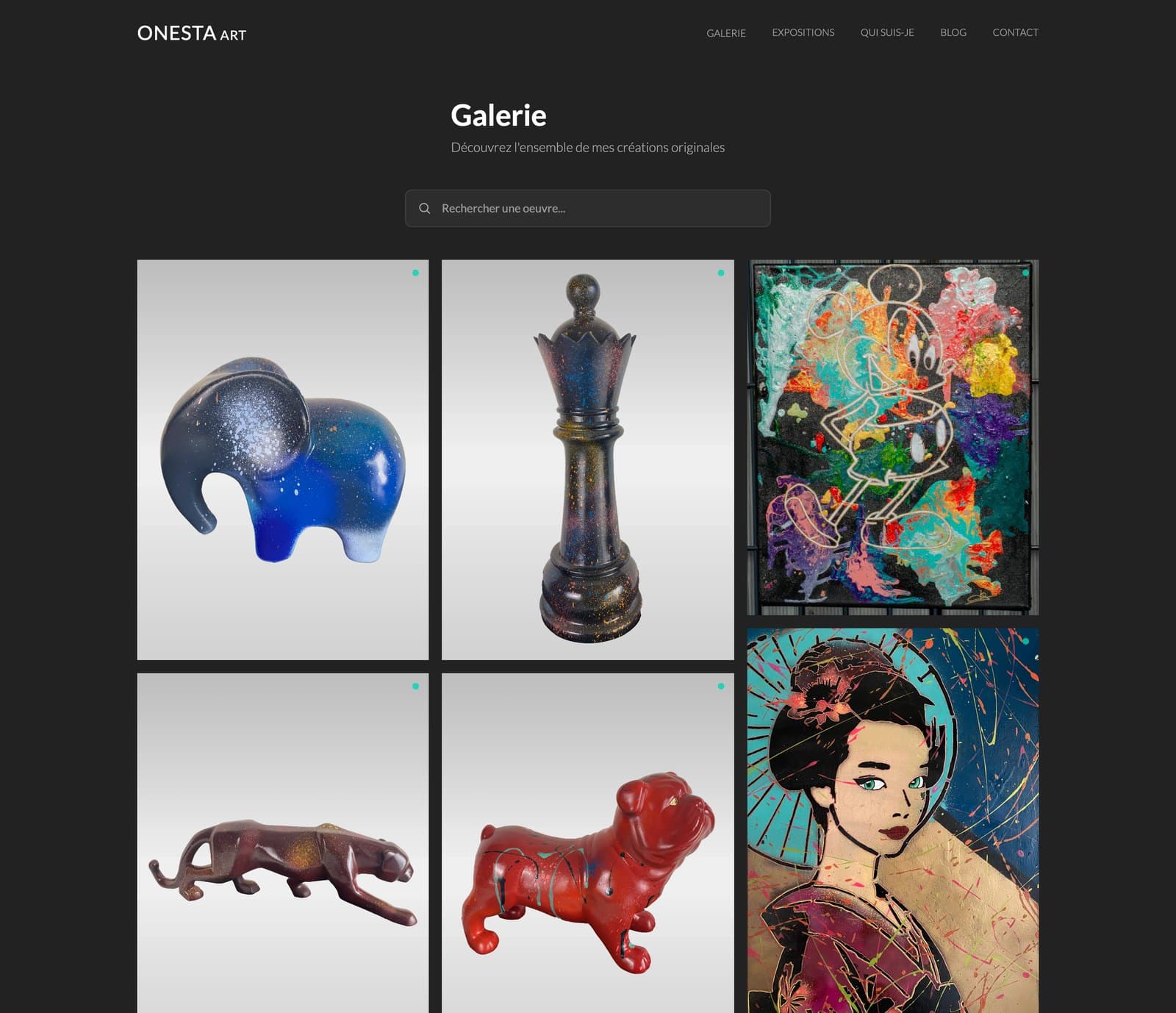 Galerie des oeuvres : grille de sculptures et de toiles avec une recherche instantanee