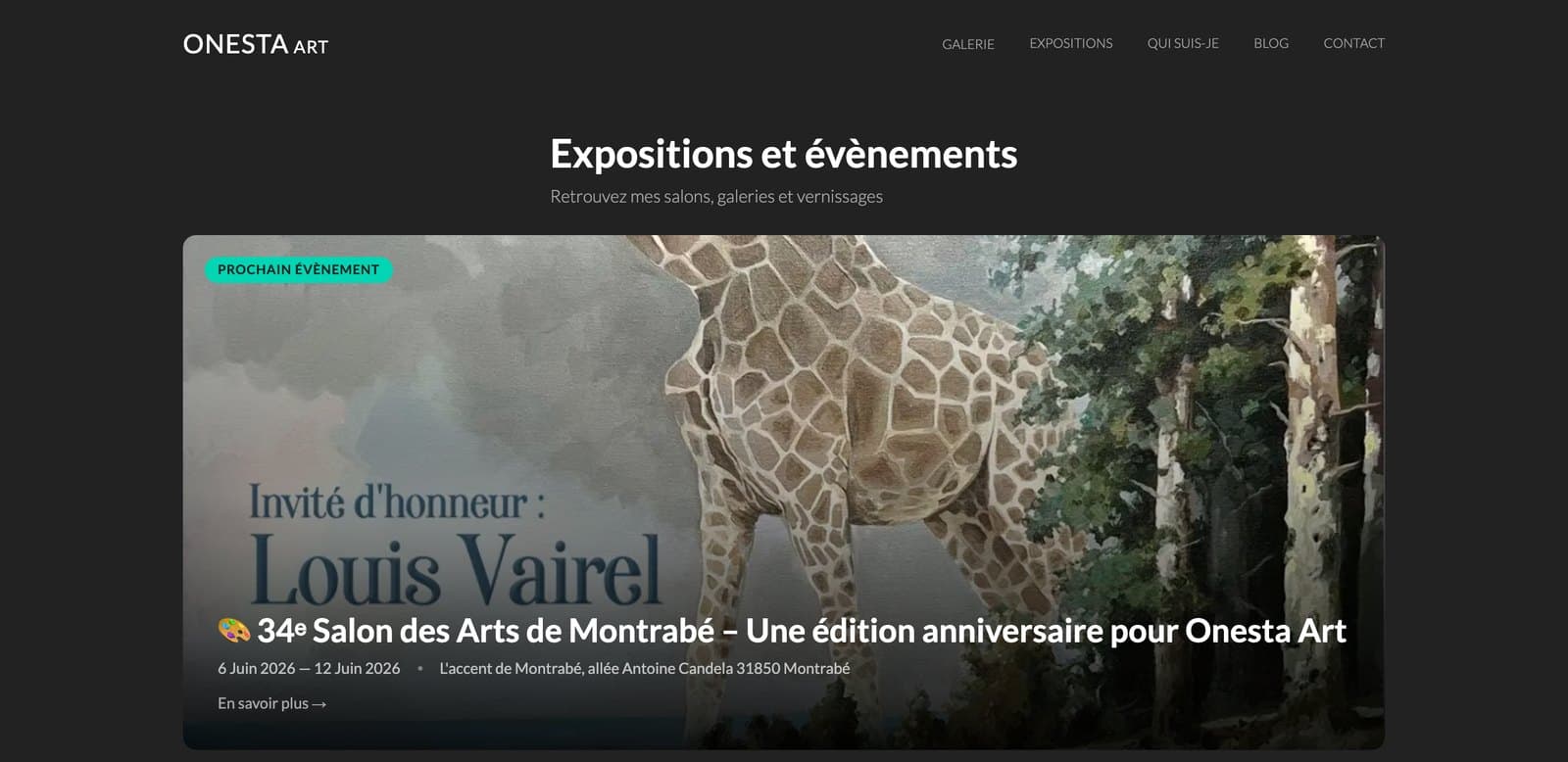Page « Expositions et évènements » : le prochain rendez-vous mis en avant, puis les expositions à venir et passées