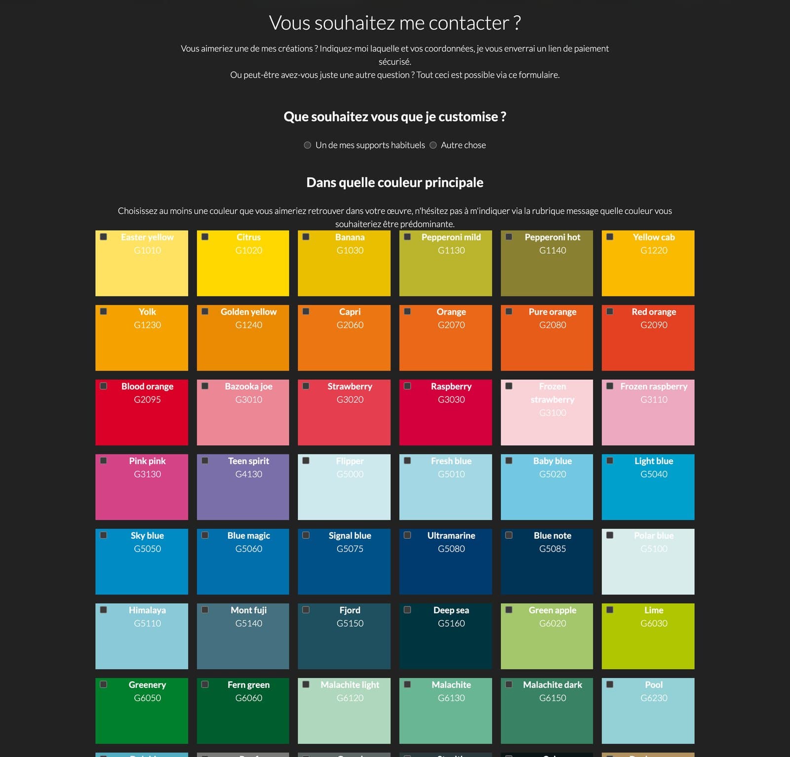 Parcours de commande sur mesure : choix du support, selection de couleurs dans un nuancier, estimation de prix