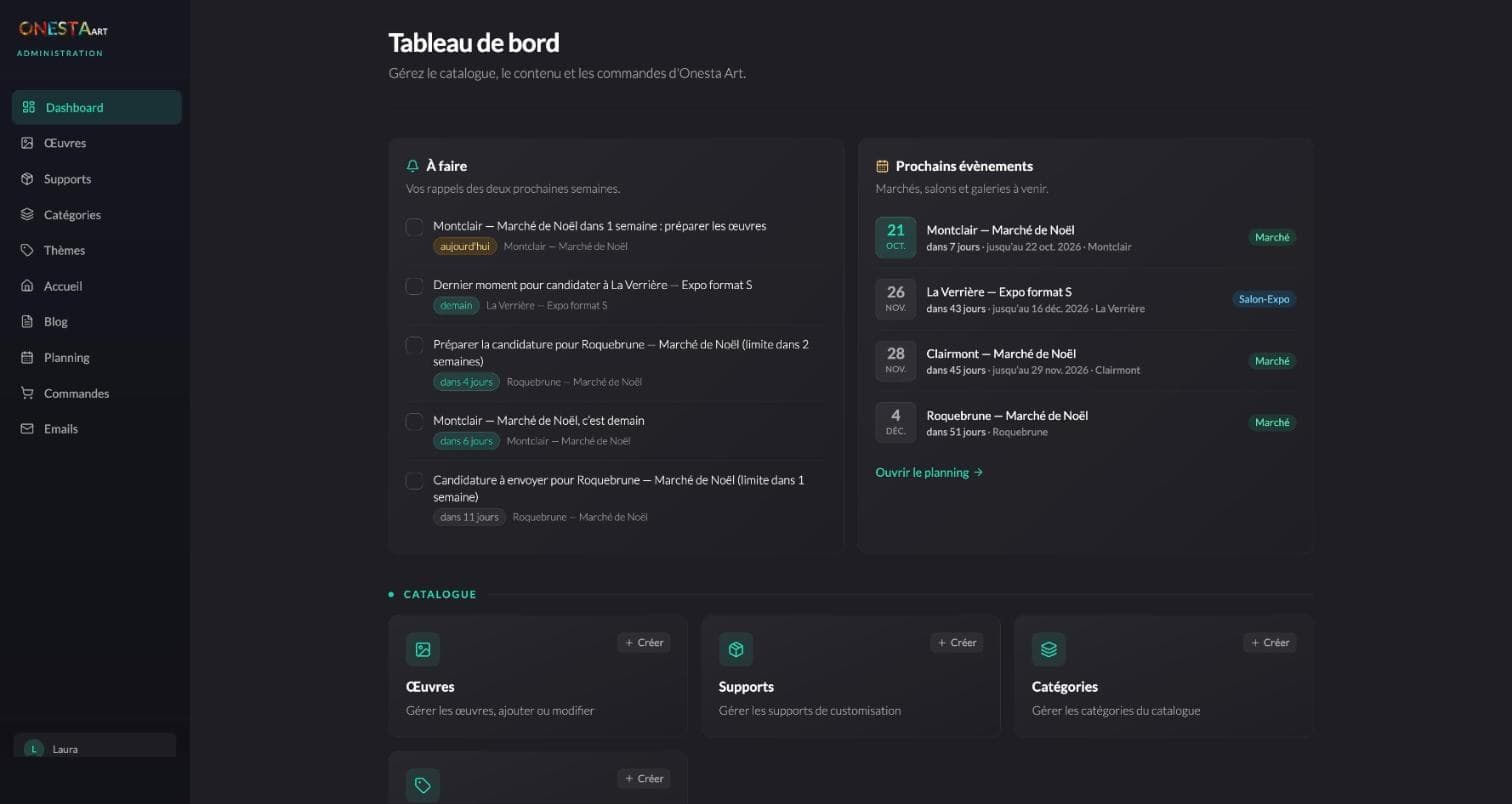 Tableau de bord de l’administration : panneau « À faire » avec les rappels des deux prochaines semaines, et liste des prochains évènements