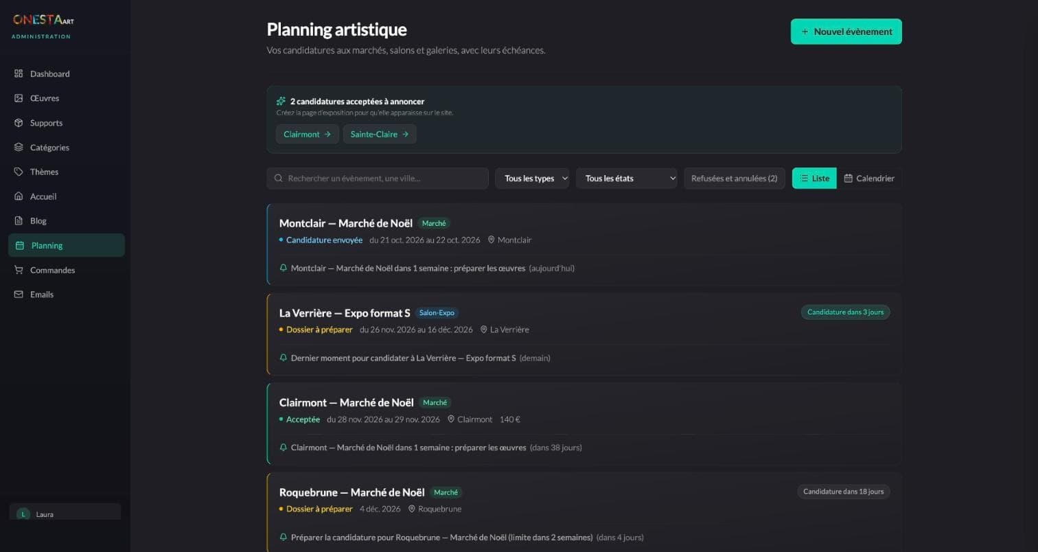 Planning artistique : liste des candidatures aux marchés, salons et galeries, avec leur état, leurs dates et leurs rappels