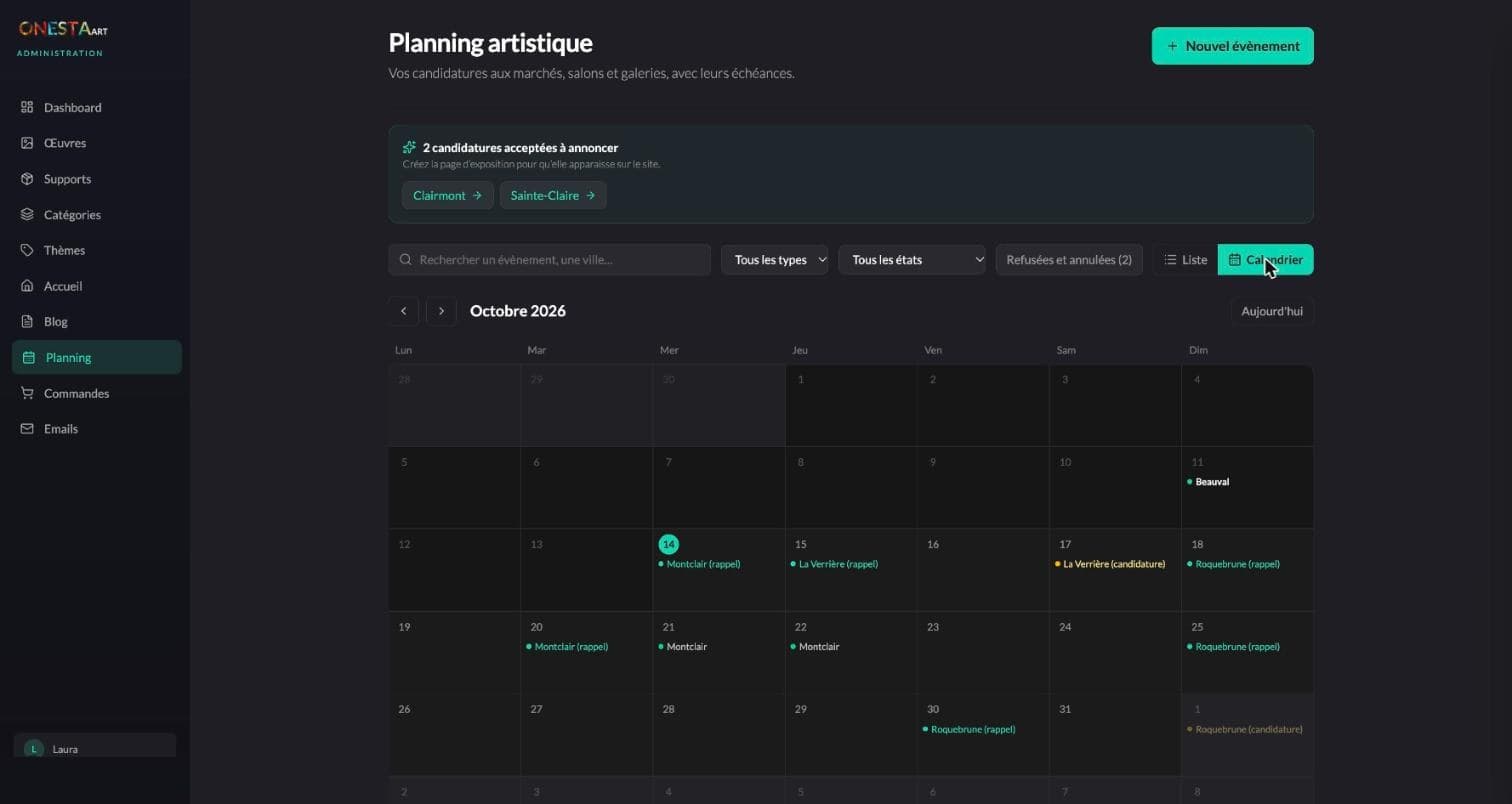 Vue calendrier du planning : les dates d’exposition, les limites de candidature et les rappels posés sur un mois