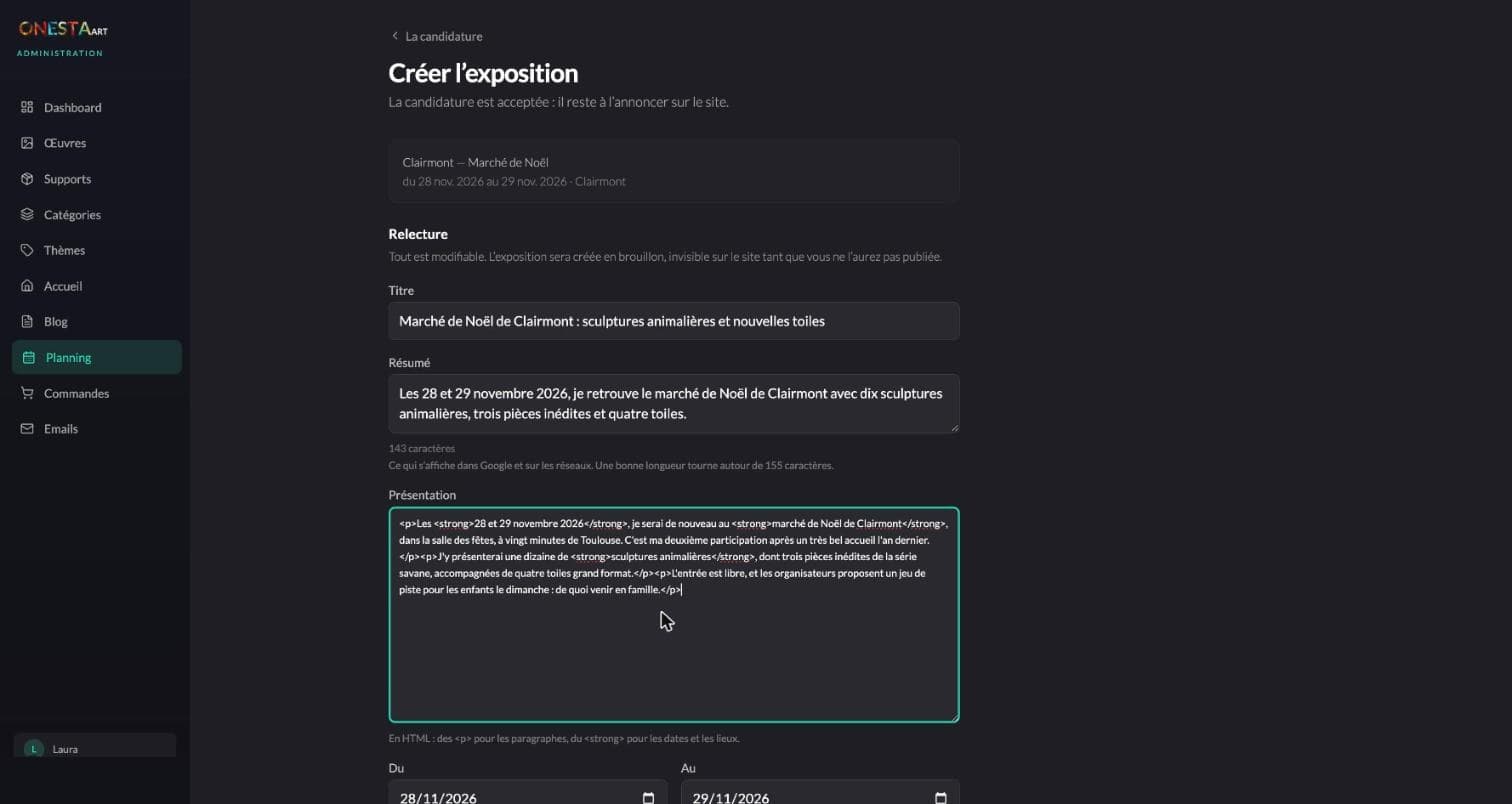 Relecture du texte de l’exposition : titre, résumé pour les moteurs de recherche et présentation, tous modifiables avant publication