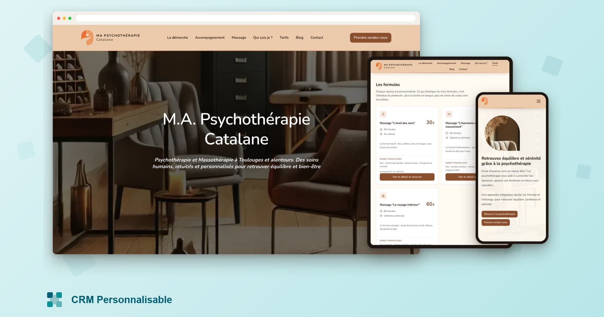 Le site Ma Psychothérapie Catalane sur ordinateur, tablette et téléphone : la page d'accueil, les formules de massage et la section psychothérapie