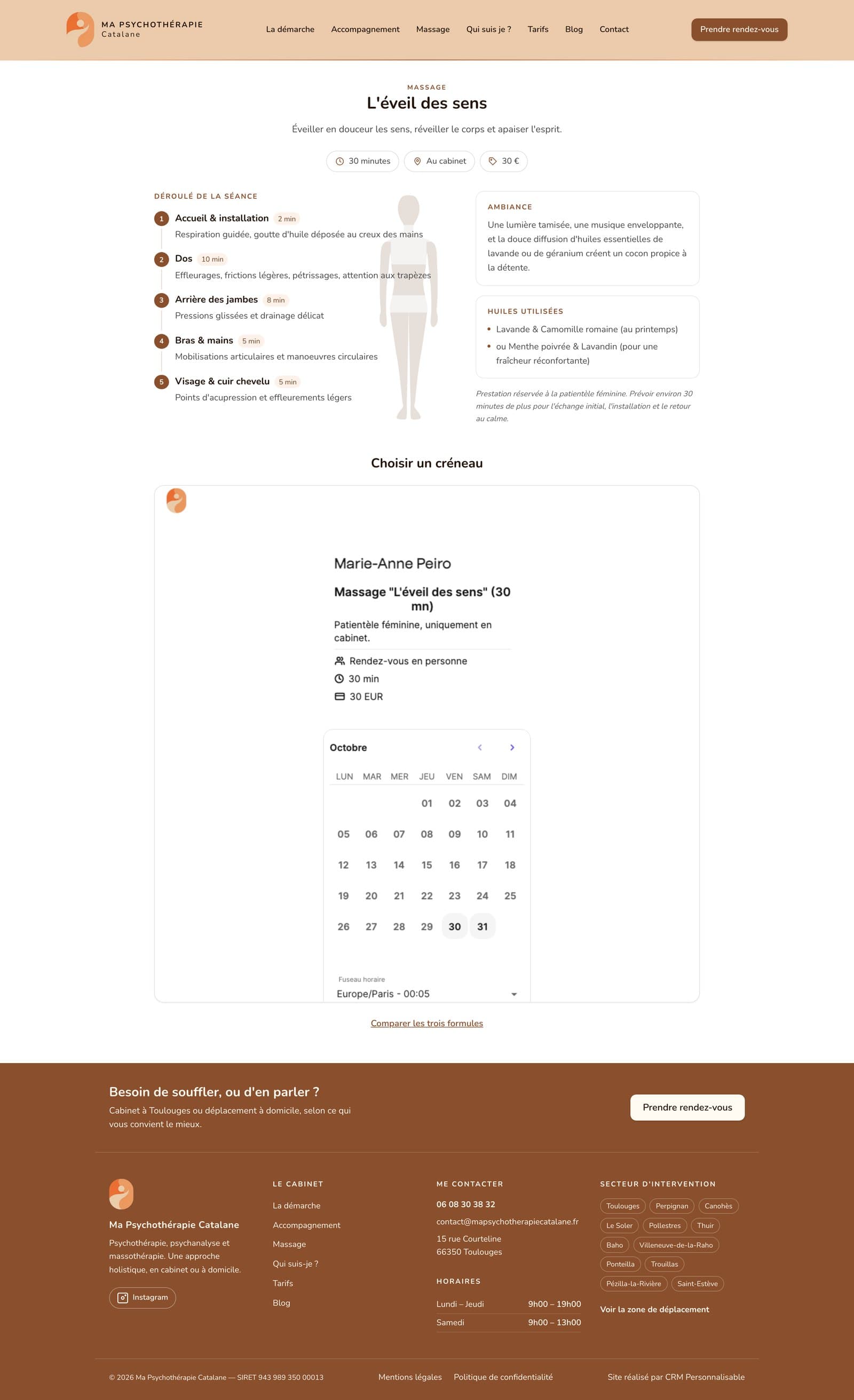 Page de réservation : un agenda en ligne intégré dans le site, avec le choix de la prestation et du créneau