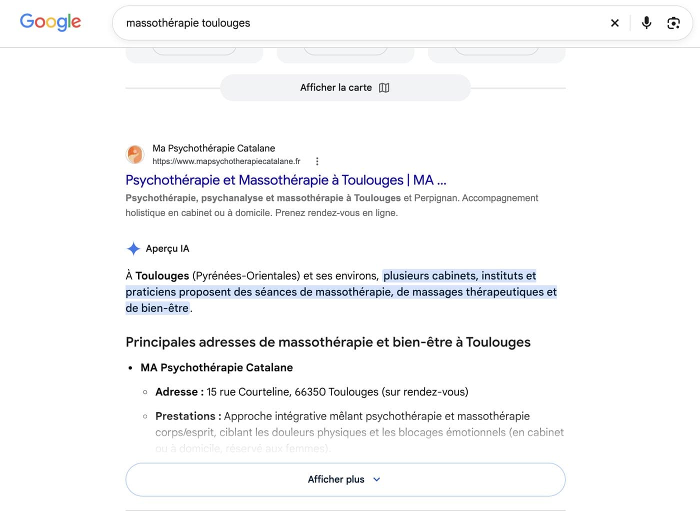 Résultats Google pour « massothérapie Toulouges » : le site en premier résultat naturel, et le cabinet cité dans l’aperçu généré par l’IA