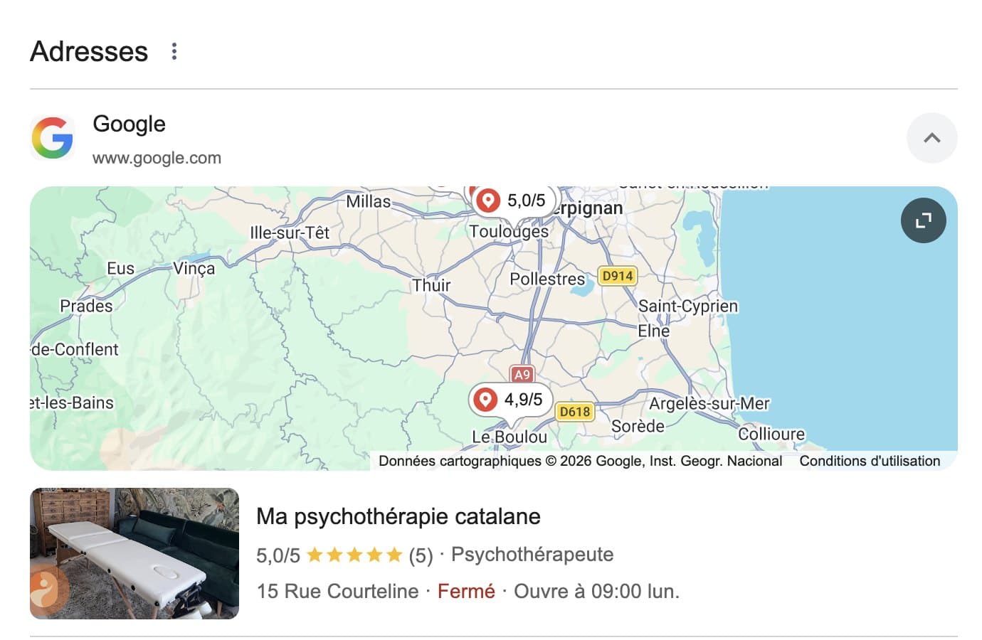 Bloc local de Google pour « psychothérapie Toulouges » : Ma psychothérapie catalane en première position, avec la carte